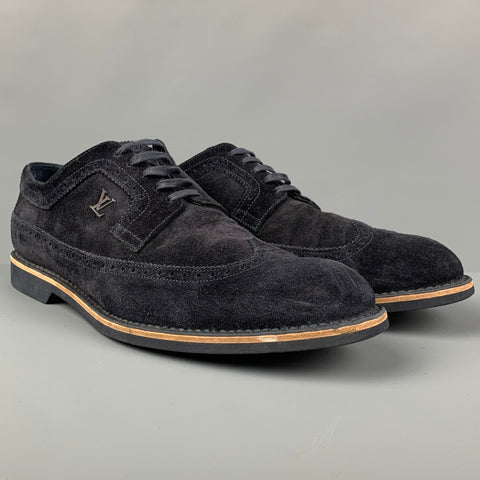 LOUIS VUITTON Size 11 Navy Perforated Leather Wingtip Lace Up Shoes