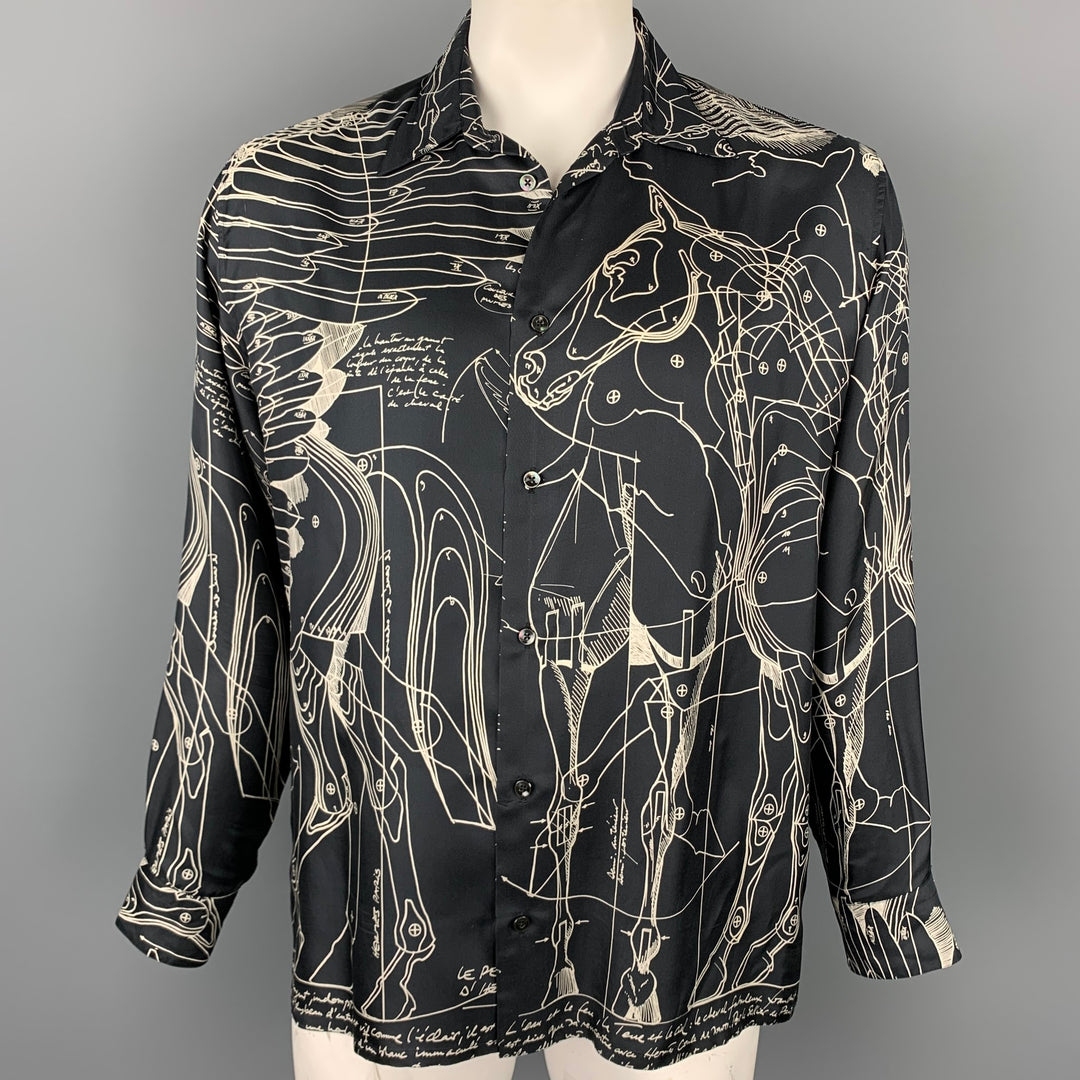 HERMES Le Pegase d'Hermes by Christian Renonciat Size L Black & Beige Print Silk Button Up Long Sleeve Shirt