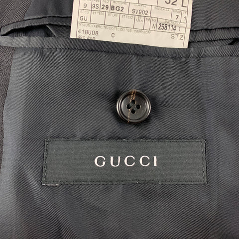 GUCCI Size 42 Long Black Stripe Wool Peak Lapel Suit