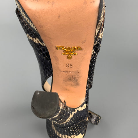 PRADA Size 8 Black & Beige Snake Skin Slingback Platform Sandals