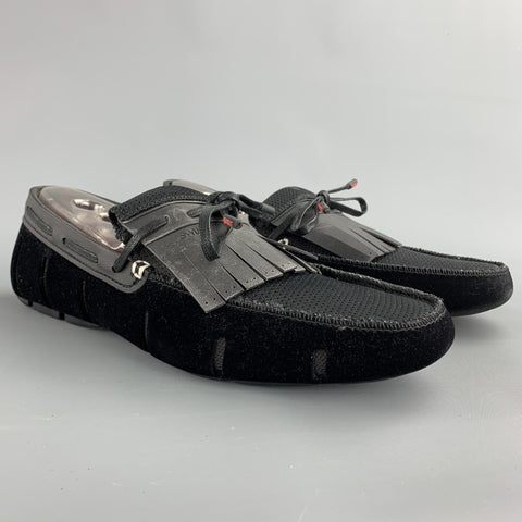 SWIMS Size 11 Black Mixed Materials Velvet Drivers Loafers