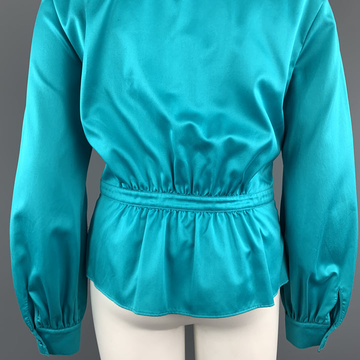ESCADA Size 12 Turquoise Cotton Sateen Band Collar Tied Blouse