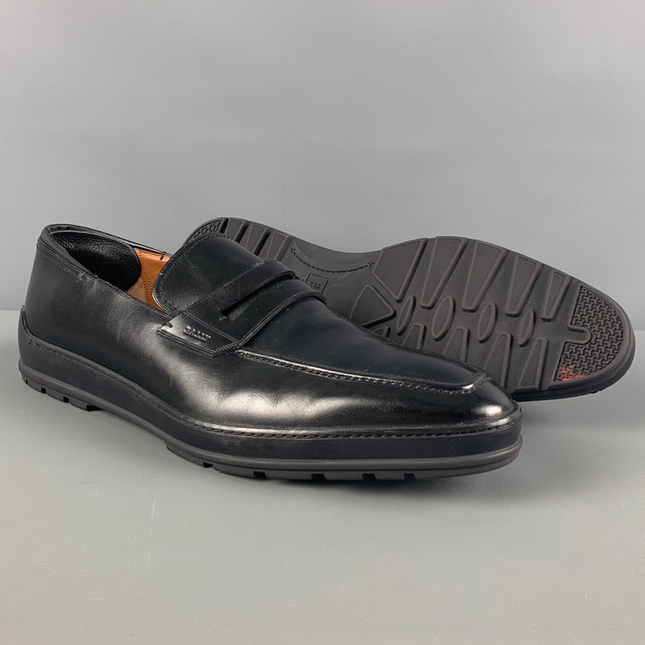BALLY Size 10 Black Leather Penny Relon Loafers