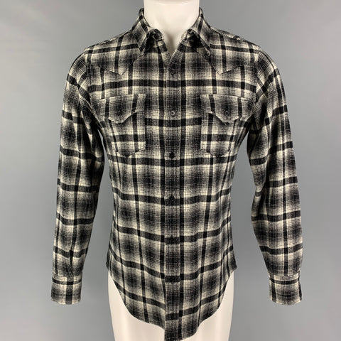 SAINT LAURENT Size M Black Cream Plaid Wool Blend Long Sleeve Shirt