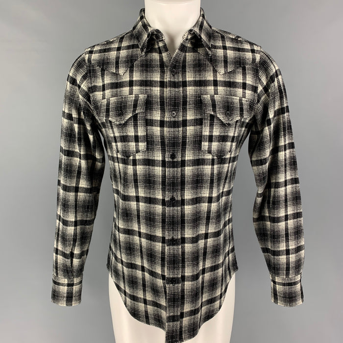 SAINT LAURENT Size M Black Cream Plaid Wool Blend Long Sleeve Shirt