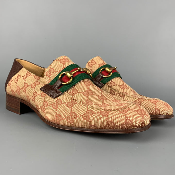 GUCCI Size 9 Tan & Brown Monogram Canvas Slip On Horsebit Loafers