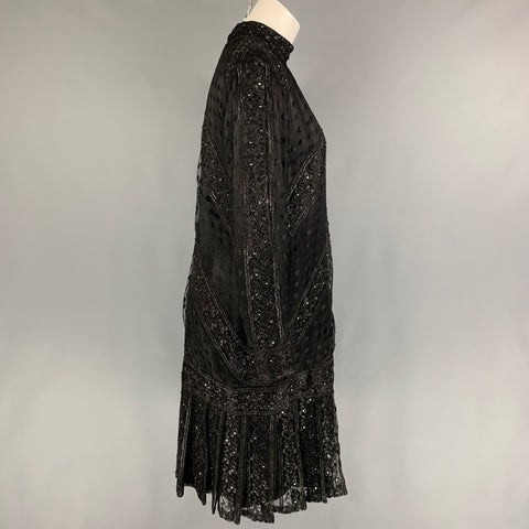 BOB MACKIE Taille 10 Robe à manches longues en dentelle à paillettes noires