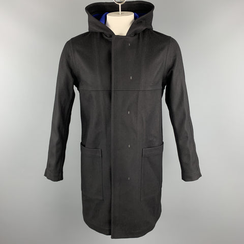 THEORY Size M Black Wool Blend Hooded Patch Pockets Hidden Buttons Coat