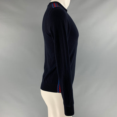 PRADA Taille S Marine Rouge Tissus Mélangés Laine Vierge Polyester Pull à Col Rond