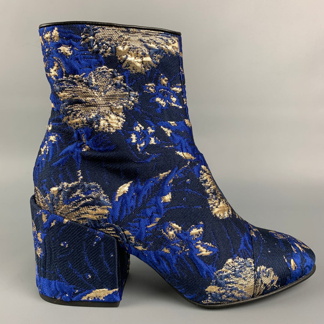 DRIES VAN NOTEN Size 6 Navy & Gold Jacquard Ankle Boots