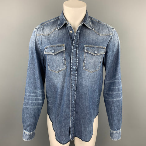 MAISON MARGIELA Size XL Indigo Washed Snaps Cotton Long Sleeve Shirt