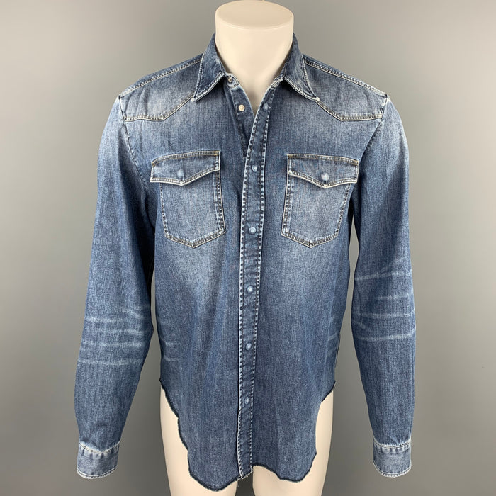 MAISON MARGIELA Size XL Indigo Washed Snaps Cotton Long Sleeve Shirt