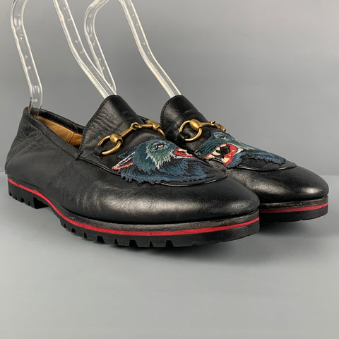GUCCI Size 9.5 Black Wolf Patch Leather Slip On Loafers