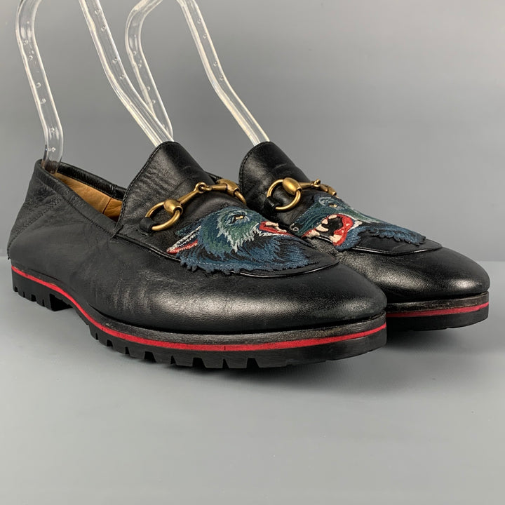 GUCCI Size 9.5 Black Wolf Patch Leather Slip On Loafers