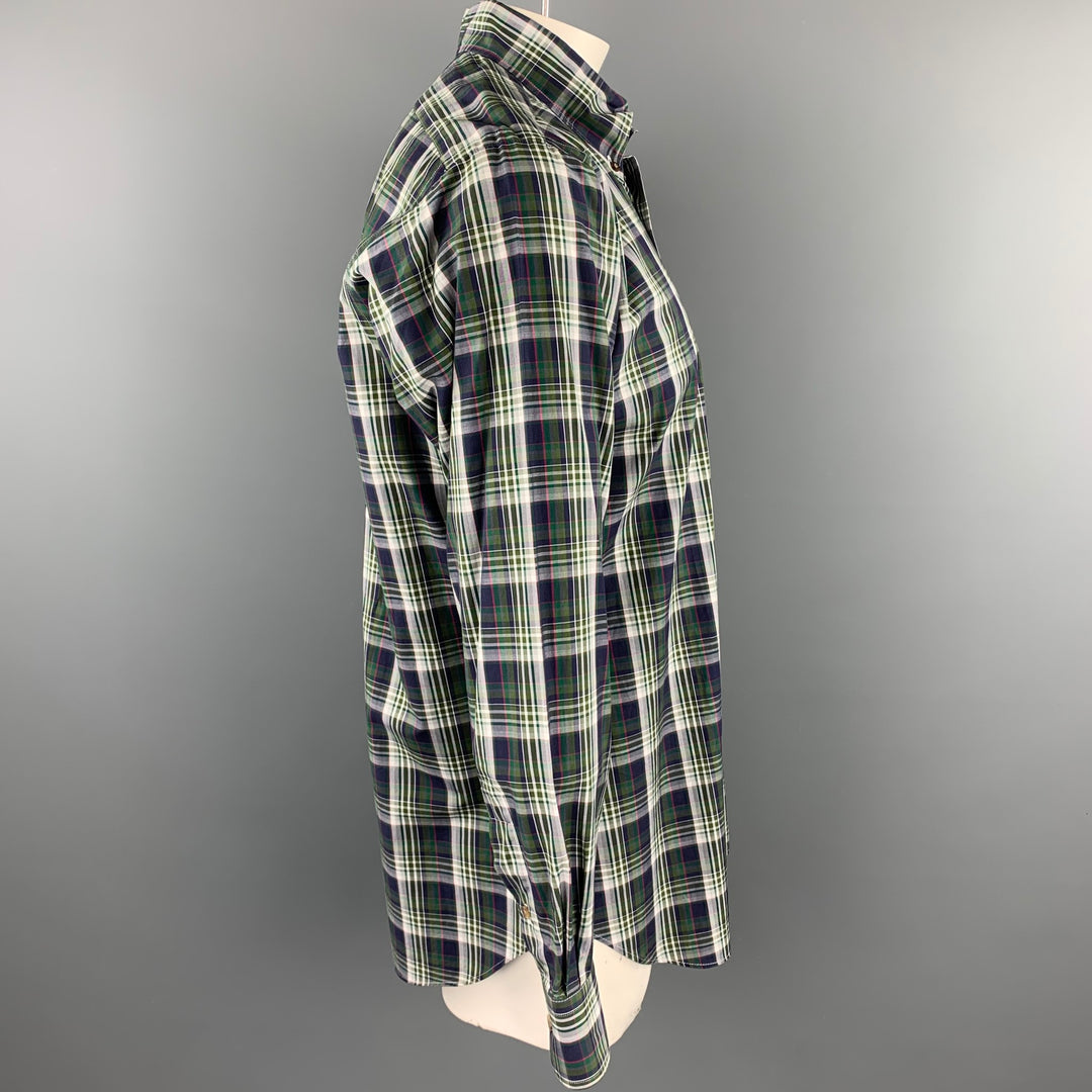 HAMILTON Size L Green & Navy Plaid Cotton Button Down Long Sleeve Shirt