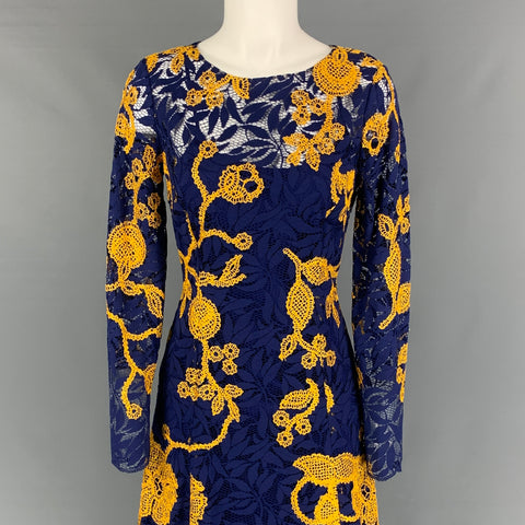 OSCAR DE LA RENTA Resort 2016 Talla 4 Vestido de cóctel bordado en mezcla de algodón amarillo azul