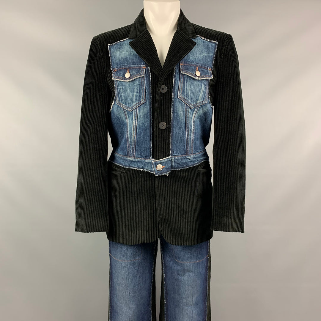Vintage GAULTIER JEANS Size 40 Black Corduroy Denim Overlay Notch Lapel Suit