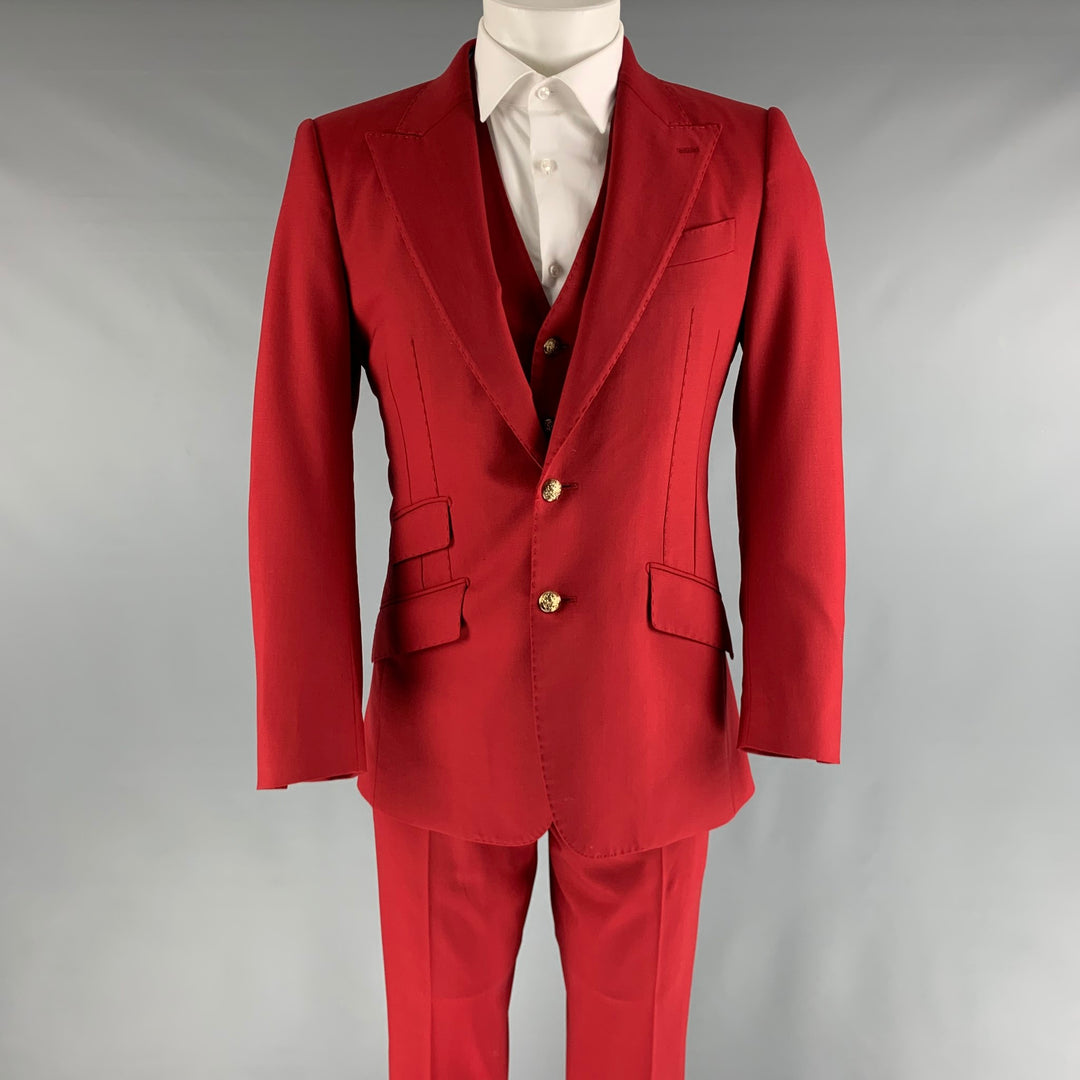 DOLCE & GABBANA Chest Size 38 Red Solid Wool  Elastane Peak Lapel 30 29 Suit