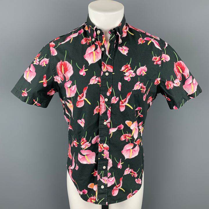 GITMAN VINTAGE Taille M Chemise à manches courtes boutonnée en coton floral noir et rose