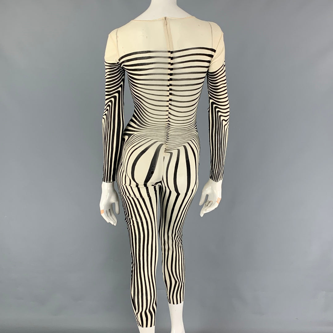 Vintage 1996 JEAN PAUL GAULTIER Size One Size Cream Black Stripe Stretch Tulle Bodysuit