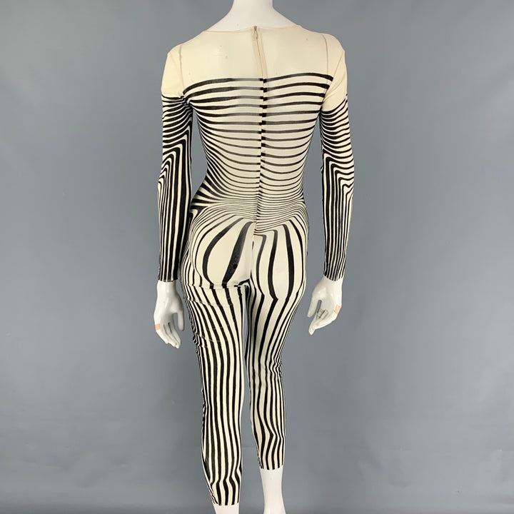 Vintage 1996 JEAN PAUL GAULTIER Size One Size Cream Black Stripe Stretch Tulle Bodysuit