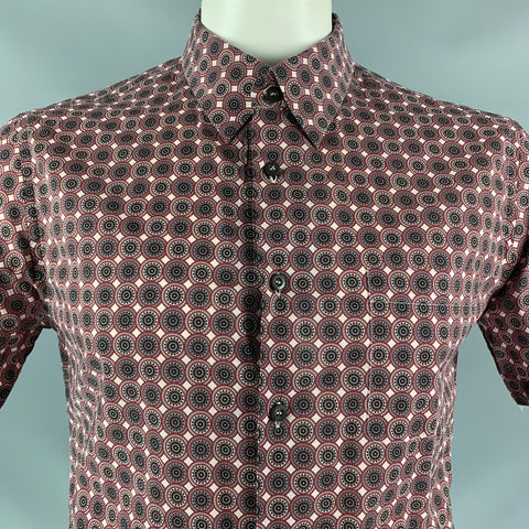 PRADA Size L Red & Light Pink Geometric  Button Down Short Sleeve Shirt