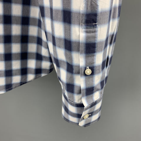 VINCE Camisa de manga larga con botones de algodón a cuadros azul marino y gris talla M