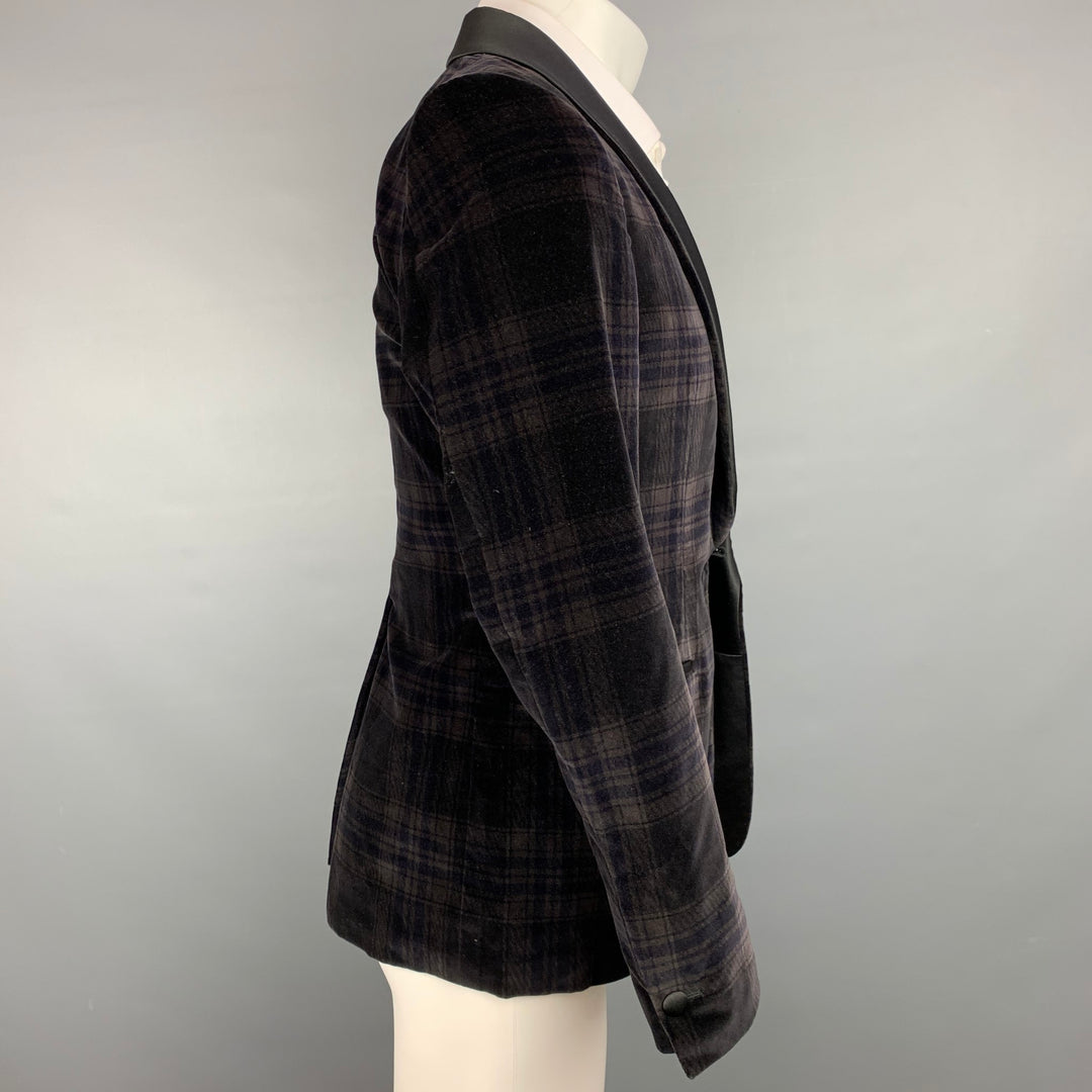 PORTS 1961 Size 38 Regular Black & Grey Plaid Velvet Shawl Collar Sport Coat