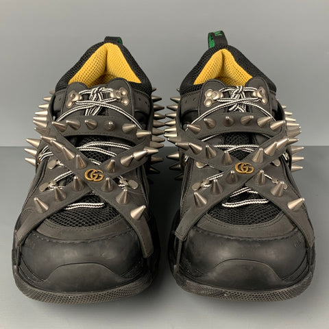 GUCCI Size 11 Black Flashtrek Spikes Canvas Leather Trim Sneakers