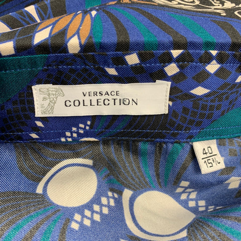 VERSACE COLLECTION Taille M Chemise à manches longues boutonnée en soie imprimée bleue