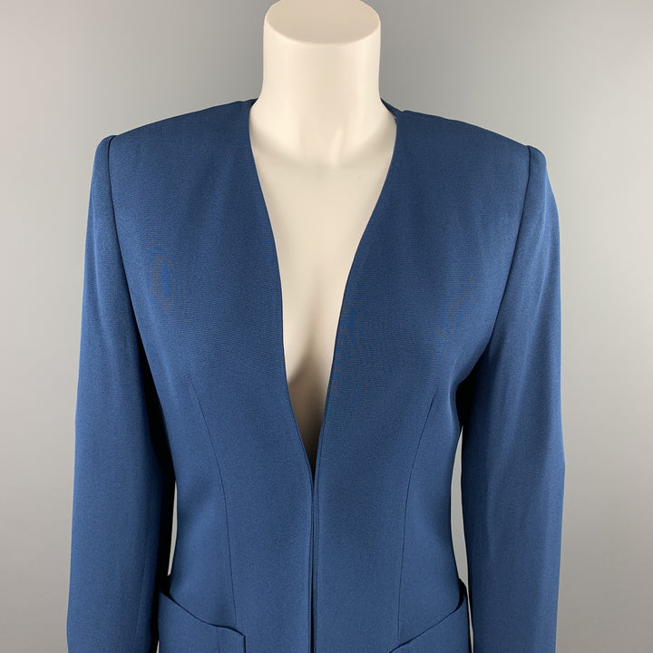 ROSANNA MANZONI Size 6 Blue Twill Silk Open Front Collarless Jacket