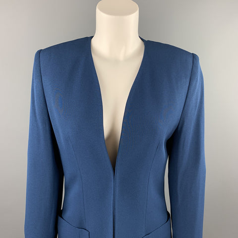ROSANNA MANZONI Taille 6 Veste sans col en soie sergée bleue ouverte sur le devant