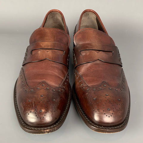 PRADA Size 10.5 Brown Perforated Leather Wingtip Slip On Loafers