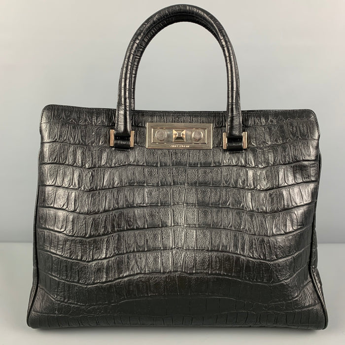 SAINT LAURENT Black Embossed Alligator Tote Handbag