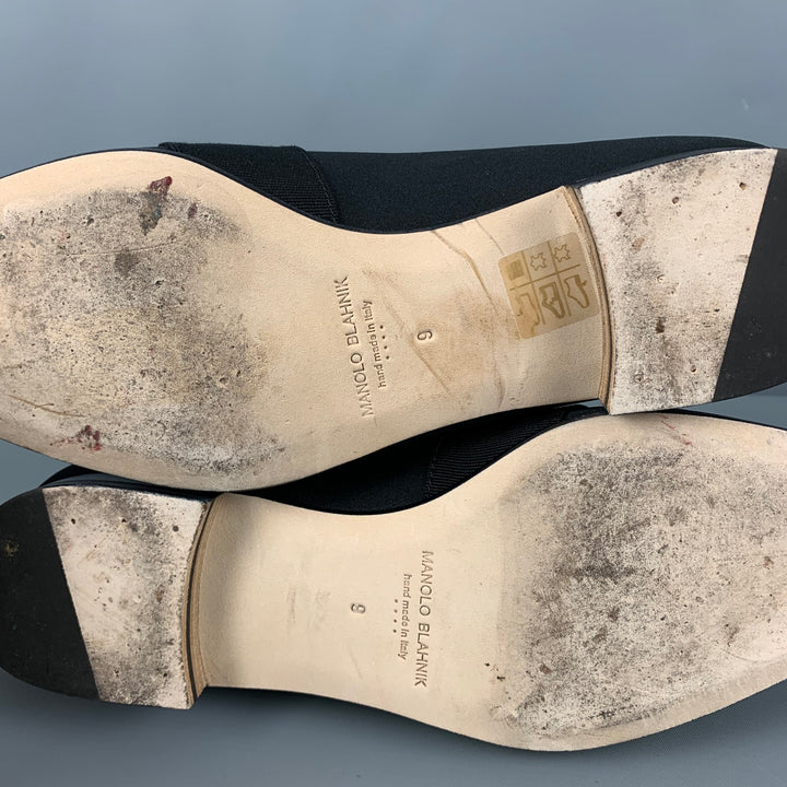 MANOLO BLAHNIK Size 9 Black Applique Silk Slip On Loafers