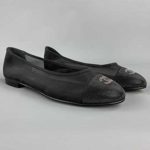 CHANEL Size 11.5 Black Mesh Cap Toe CC Ballerinas Flats