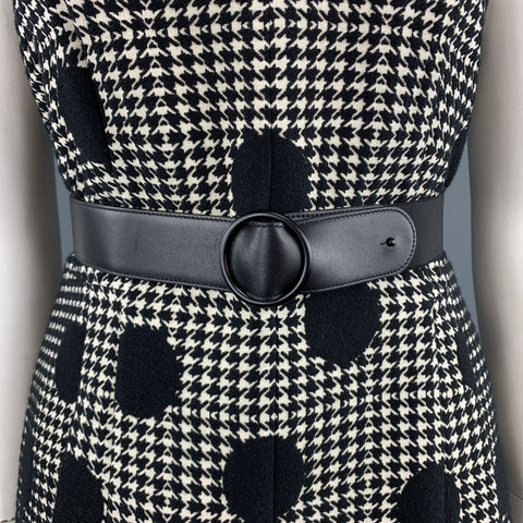 AKRIS Size 12 Black & Beige Polka Dot Houndstooth Belted Shift Dress