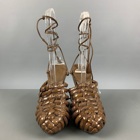 BOTTEGA VENETA Talla 8.5 Sandalias de cuña de charol tejido marrón oliva