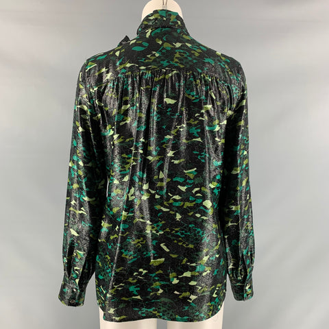 MARC JACOBS Size 4 Black &  Green Silk &  Nylon Camouflage Bow  Shirt
