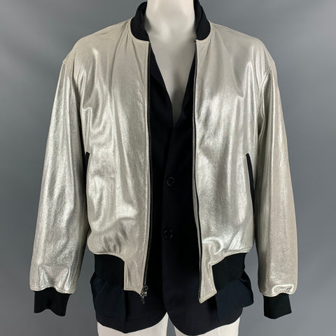 3.1 PHILLIP LIM Size L Silver Black Mixed Materials Bomber Jacket