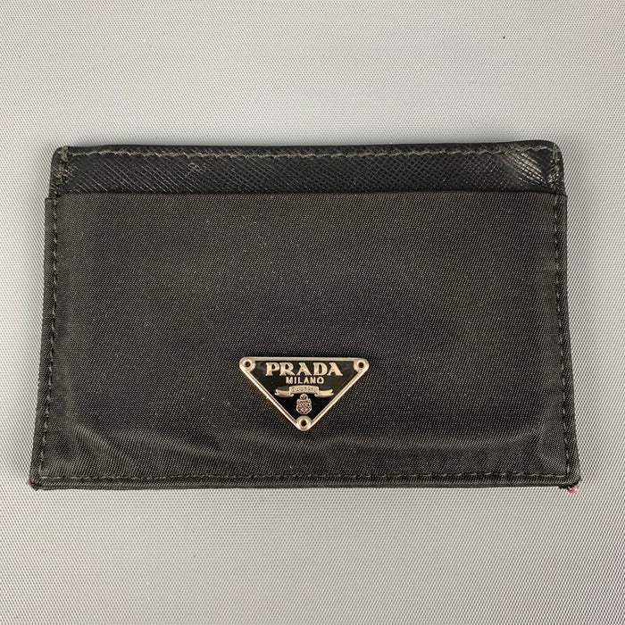 PRADA Black Two Tone Leather Nylon Card Case