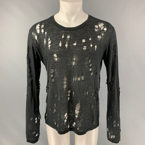 IRO Marvina Size S Black Distressed Linen Long Sleeve T-shirt