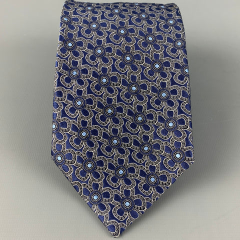 ERMENEGILDO ZEGNA Navy Cream Abstrack Floral Silk Tie