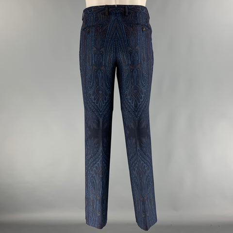 ETRO Chest Size 38 Navy Blue Paisley Wool Notch Lapel 32 31 Suit