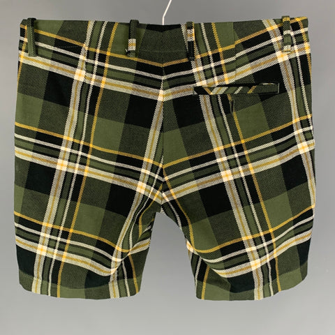 TOMAS MAIER Size 31 Olive Black Plaid Cotton Button Fly Shorts