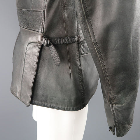 UN SOLO MONDO L Charcoal Distressed Leather Peak Lapel Jacket