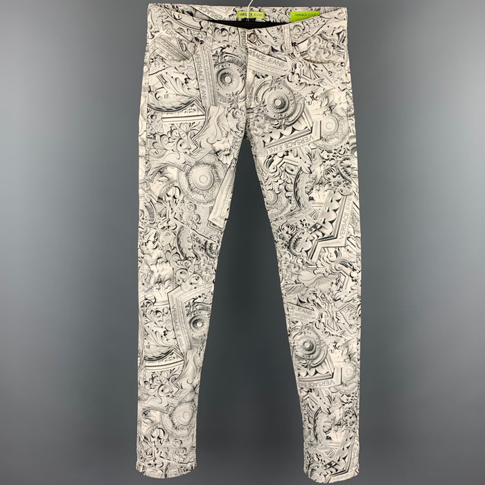 VERSACE JEANS Size 30 Grey & White Print Cotton Jean Cut Slim Fit Casual Pants