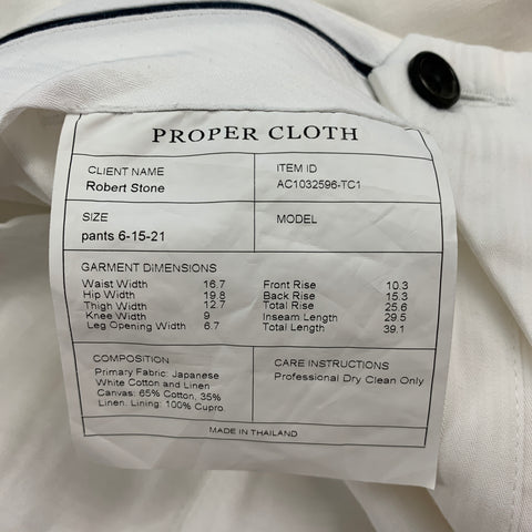 CUSTOM MADE Size 32 White Cotton / Linen Zip Fly Dress Pants