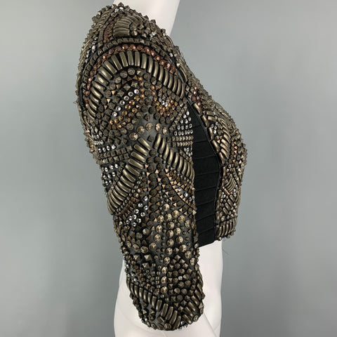 HERVE LEGER Size S Black Metallic Leather Cropped Jacket