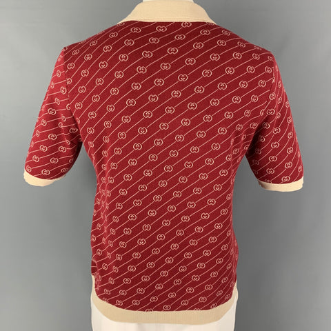 GUCCI Size L Burgundy Beige Logo Wool Silk Buttoned Polo